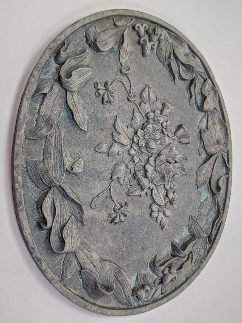 Vintage Heavy Relief Floral Wall Plaque Distressed Gray Stone Look Garden Art